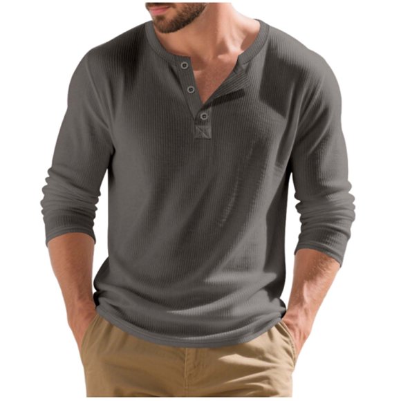 WRKEKC Henley Shirt Men Solid Color Ribbed Half Button Loose Crew Neck Casual Long Sleeve Layering Tee for Men Fall Winter