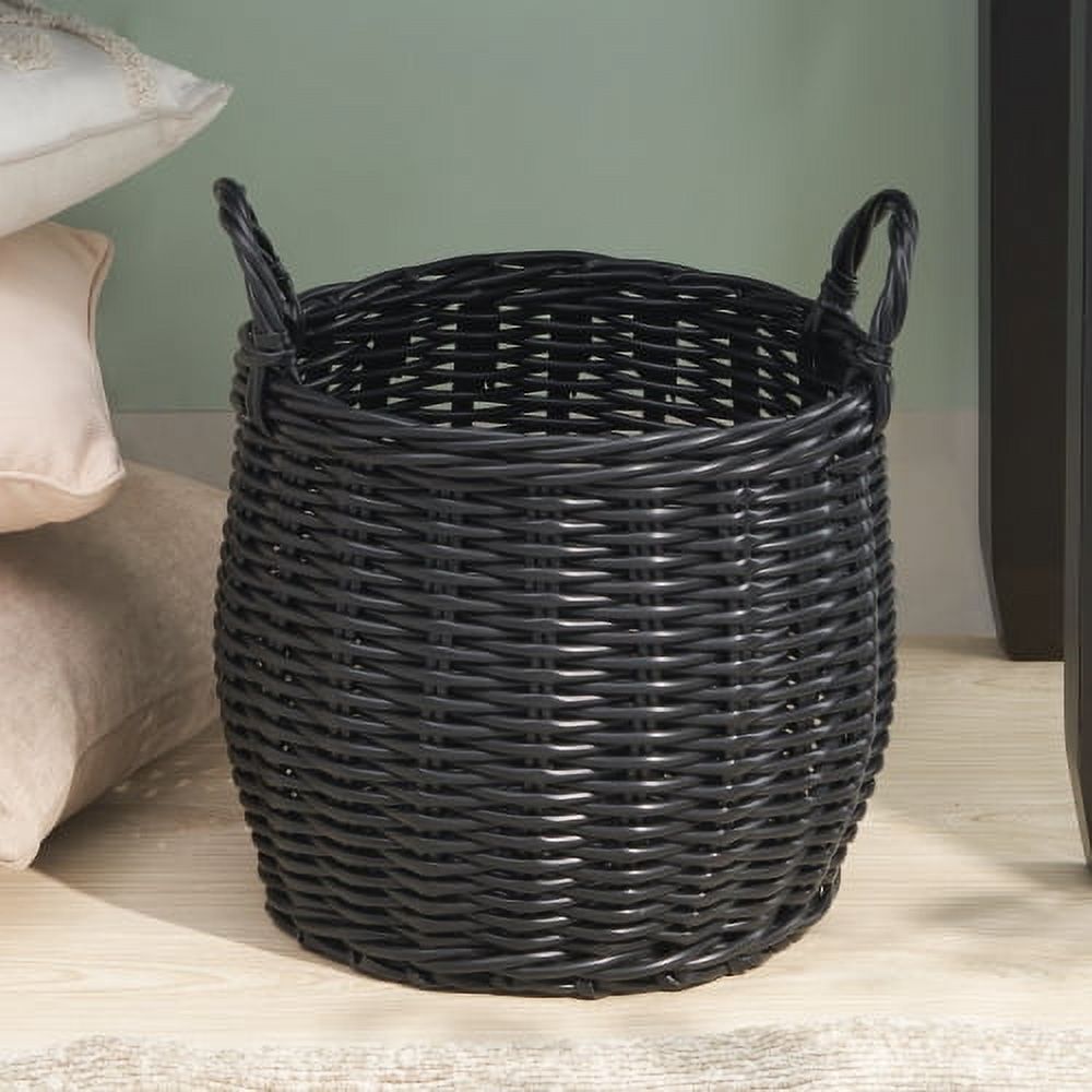 Round resin woven wicker basket with handles 13"x13"x10.2" black for clothes towels toys magazines storage and home decoration