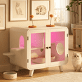 thumbnail image 2 of Cat Hidden Litter Box Enclosure with RGB LED Light, Cat House with Stairs and Pom-Pom Toys, Litter Box Cabinet with Glass Doors and Walkway, Beige, 2 of 16