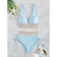 thumbnail image 3 of Women Tummy Control Swimsuits Color Block Two Piece Drawstring Bathing Suit Light Blue M, 3 of 7