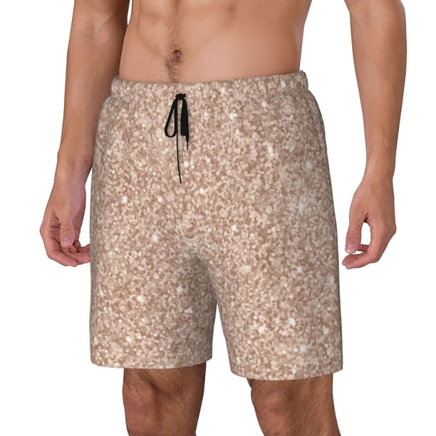 Balery Beige Sparkling Glitter Bañador para hombre, shorts de playa de secado rápido con entrepierna y forro de compresión-Large