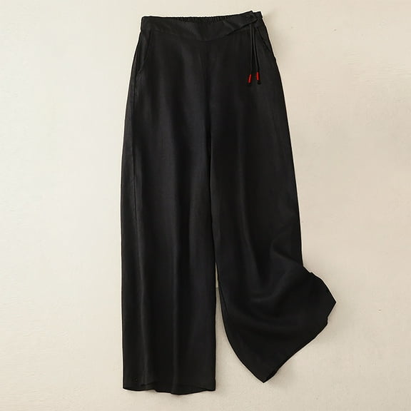 Hvyesh Women's Cotton Linen Palazzo Pants Drawstring Waist Wide Leg Loose Trousers Lightweight Yoga Workout Pants with Pockets