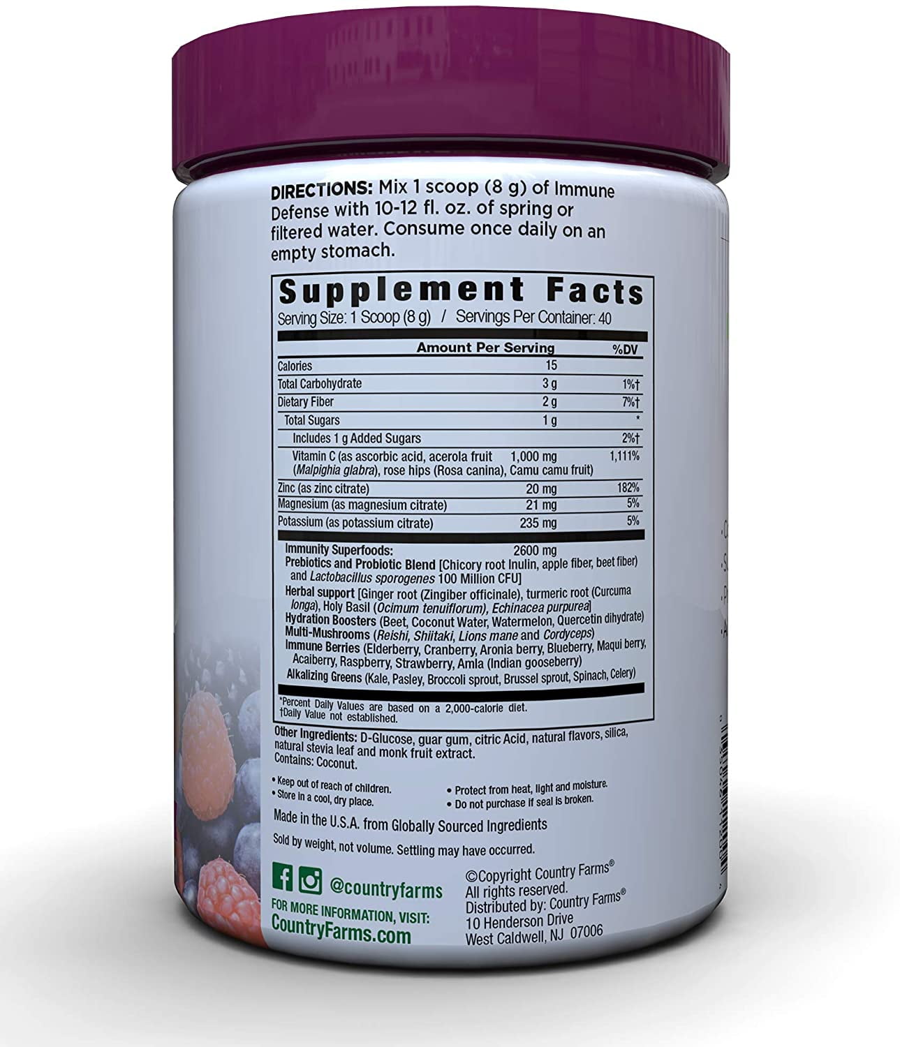 Country Farms Immune Defense Drink Mix, Mixed Berry Flavor, 11.3 oz. 40 Servings