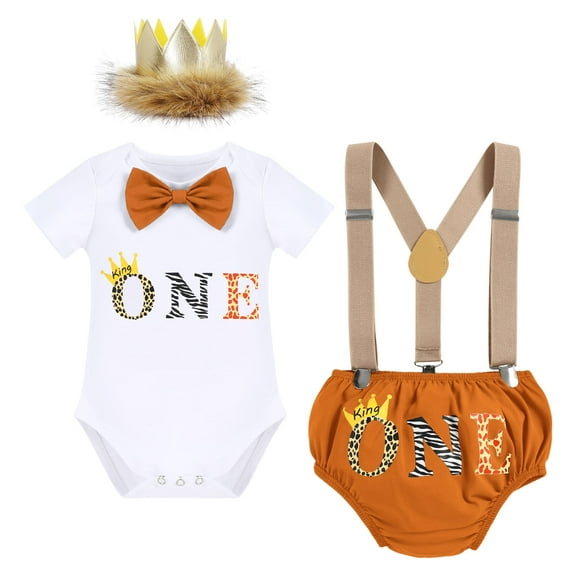 IDOPIP Baby Boys Lion 1st Birthday Outfit Bowtie Romper Shorts Suspenders Crown Headband