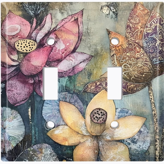 Metal Light Switch Wall Plate Outlet Cover (Printed Image of Astract Lotus Flowers - Double Toggle)