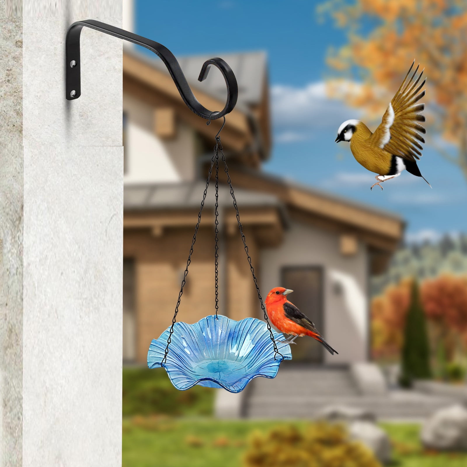 Tkrady Hanging Bird Bath Tray Thermal Fused Glass Bird Bath Dazzle Glass Bird Feeder Outdoor Patio Glass Bird Feeder Garden Decoration