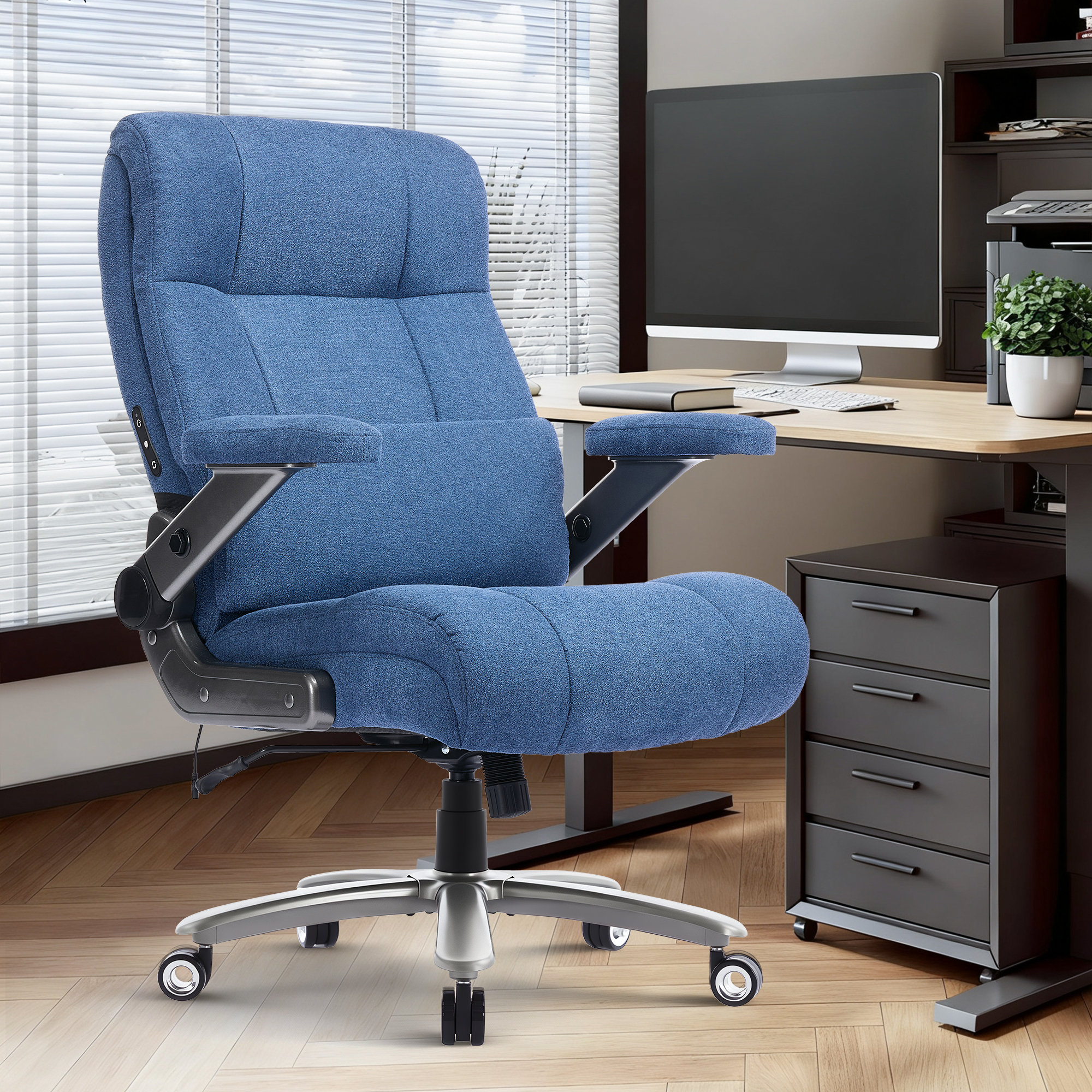 EOP 23.62'' Extra Wide Office Chair, 600 Lbs Big and Tall Executive Office Chair with Heat and Kneading Massage, Ergonomic Computer Chair with 3D Flip-up Arms, Blue