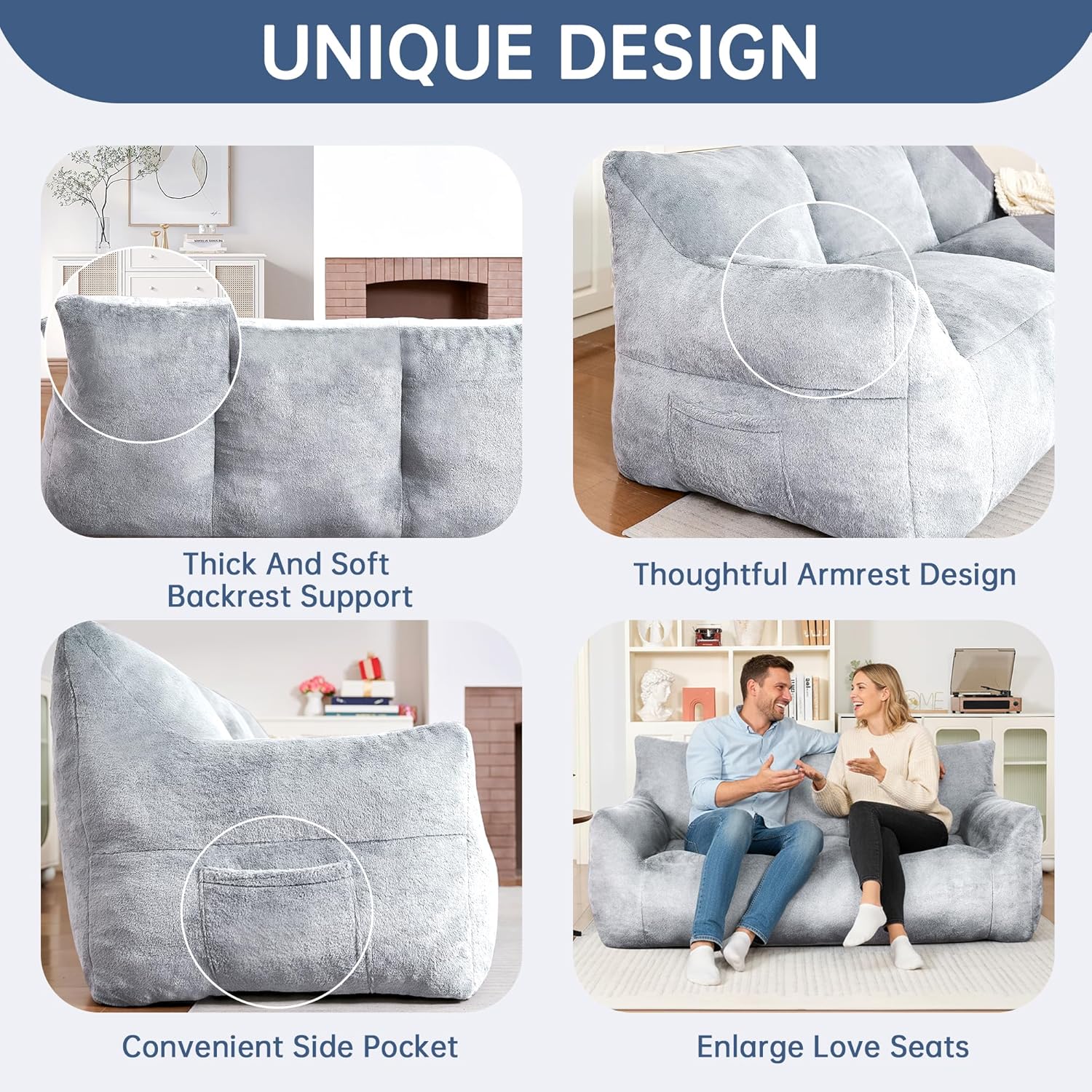 LinkRomat Faux Fur Loveseat, Oversized 2-Seater Sofa with High-Density Foam, for Living Room & Bedroom, No Assembly Required, Light Blue