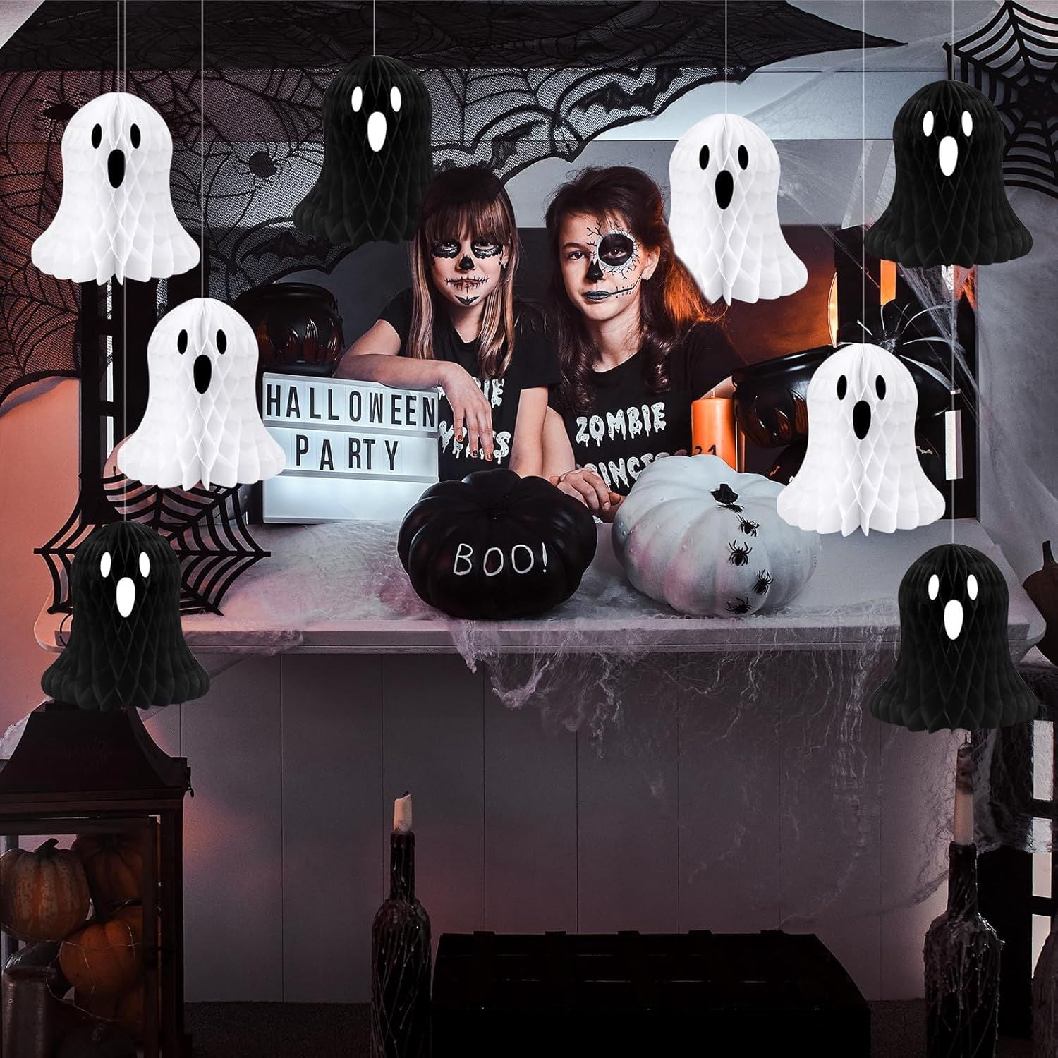 10 Pack Hanging Ghost Honeycomb Paper Decorations for Halloween Party