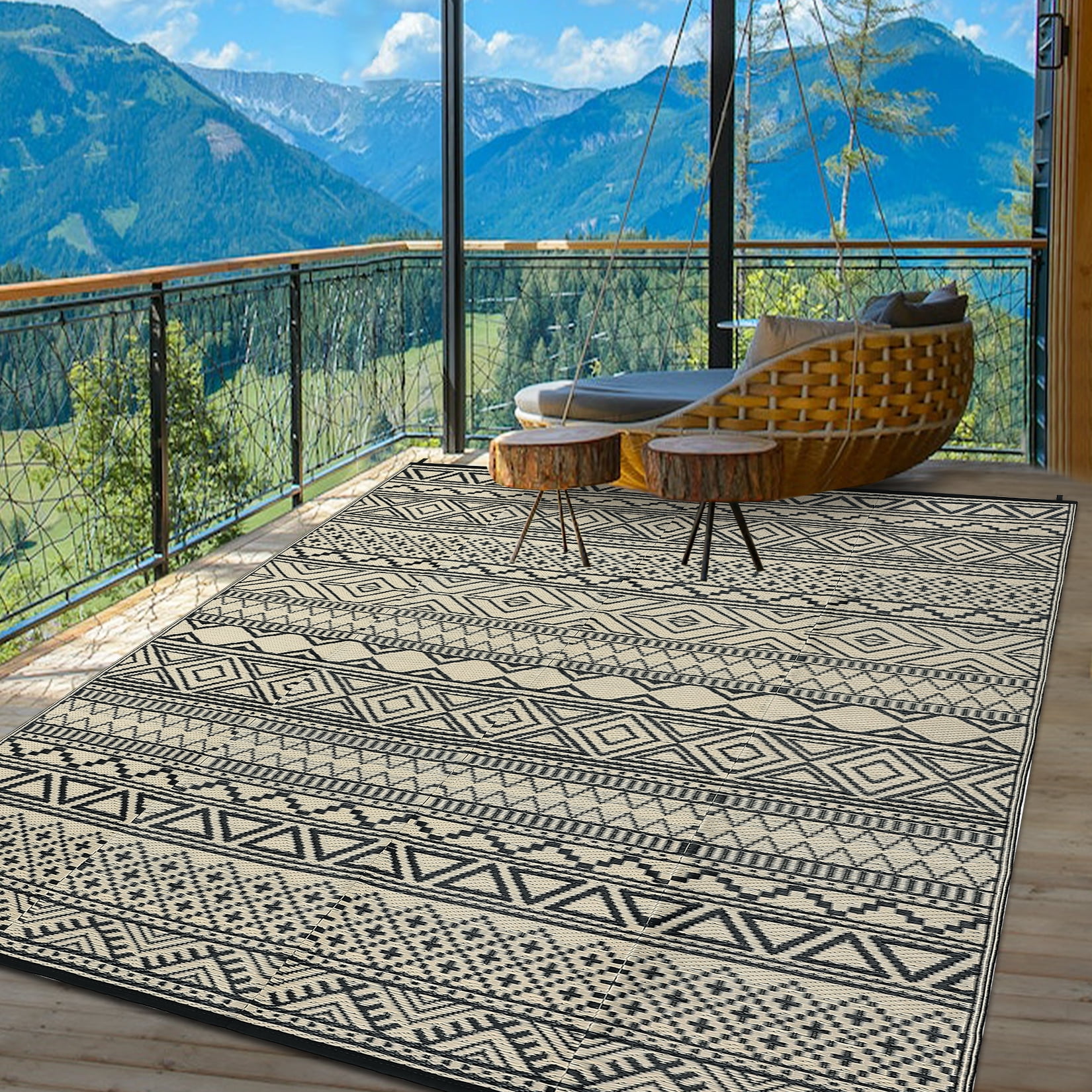 COZONY 9x12 ft Outdoor Rug, Reversible Waterproof Outdoor Carpet, UV & Fade Resistant, Portable for Garden, Terrace, Black Coffee