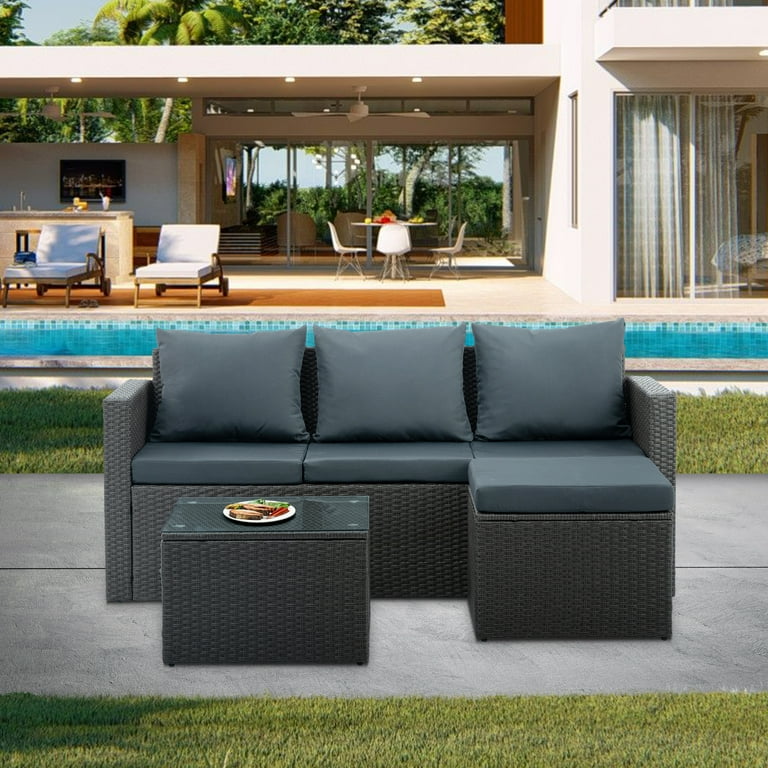 Seizeen Rattan Patio Sofa Set 3 Piece Outdoor Furniture Set with