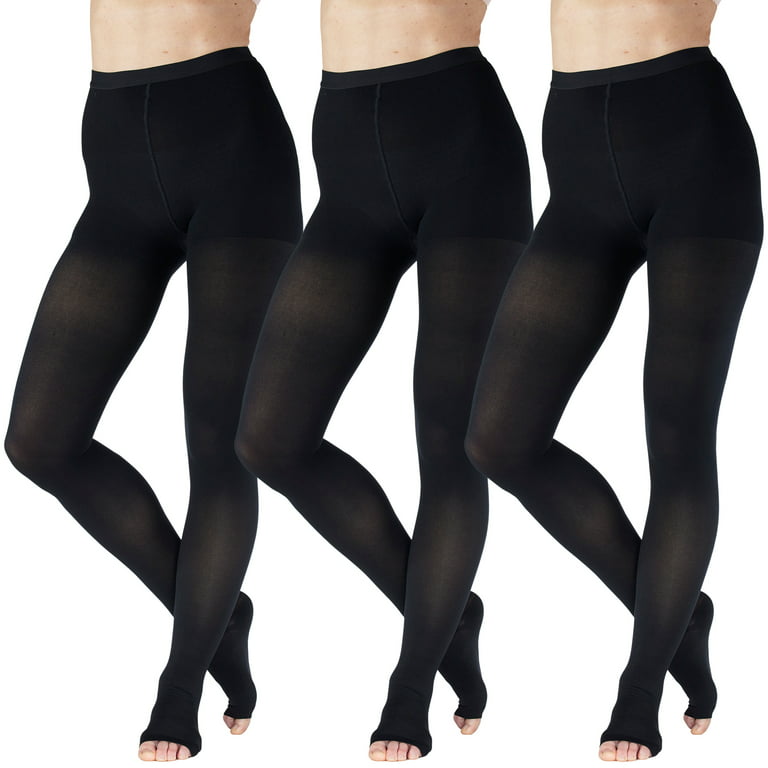 (3 Pairs) Womens Compression Tights 20-30mmHg with Open Toe - Black, XL