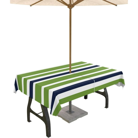 Outdoor Tablecloth Navy Blue Green Stripes Rectangle Patio Tablecloths 60x84 Inch, Table Cloths with Umbrella Hole and Zipper, Lime Green Striped Summer Table Cover for Outdoor Tables, Picnic,