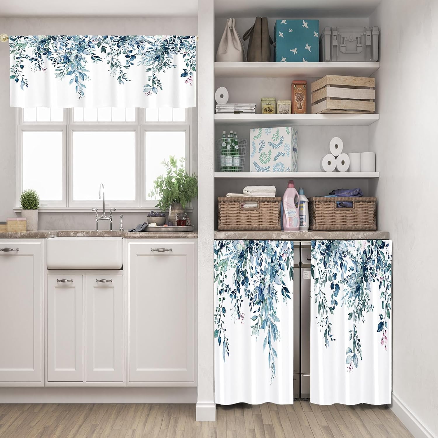Green Kitchen Curtains Valances, Eucalyptus Leaves Pattern Semi Sheer Kitchen Valances for Living Room, Watercolor Botanical Rod Pocket Short Window Treatment Decor, 52x18