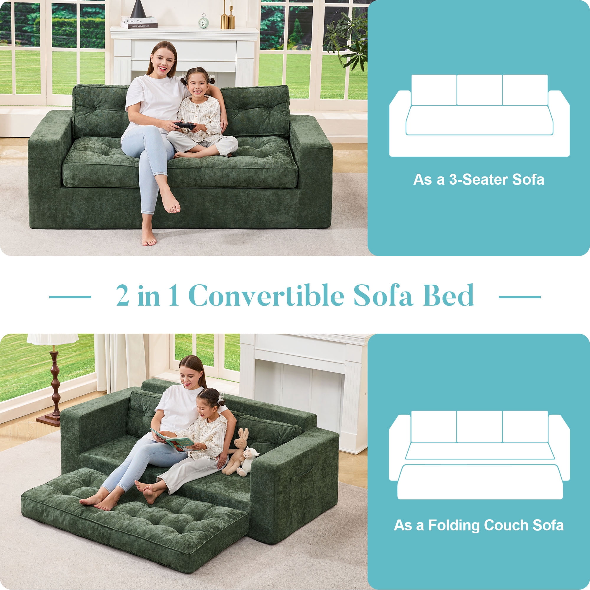 Hobestluk 3-Seater Sofa Boneless Couch with Tufted Button Design 2 in 1 Comfy Cloud Couch Oversized Sofa for Living Room Bedroom Apartment or Office (Green, 3 Seater)