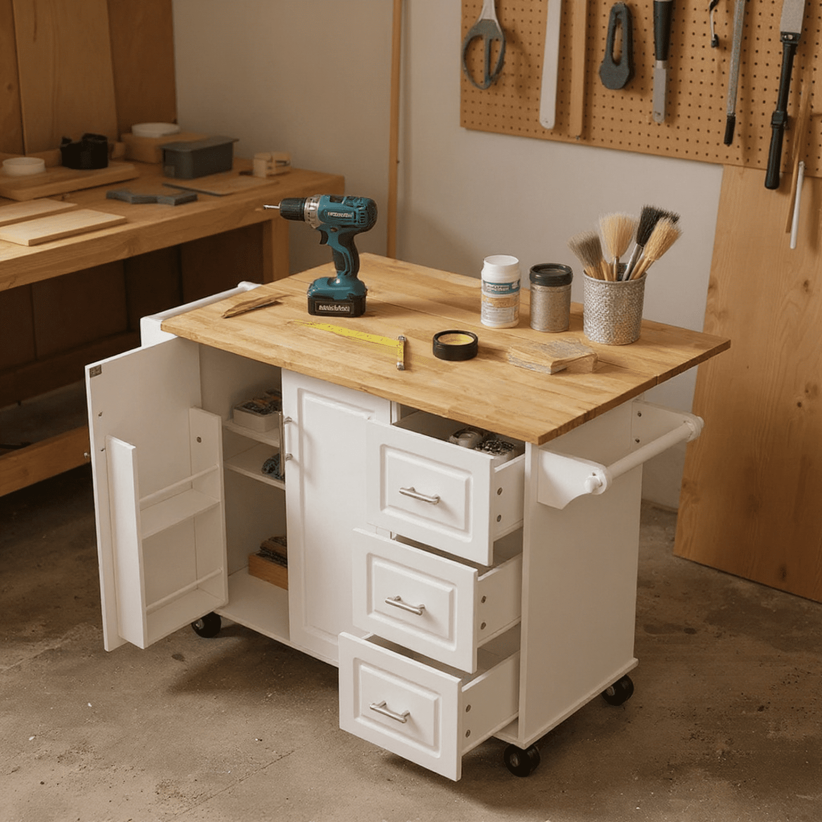 Homy Casa Multi-Purpose Rolling Utility Cart with Solid Wood Top, 3 Drawers, and Cabinet Storage