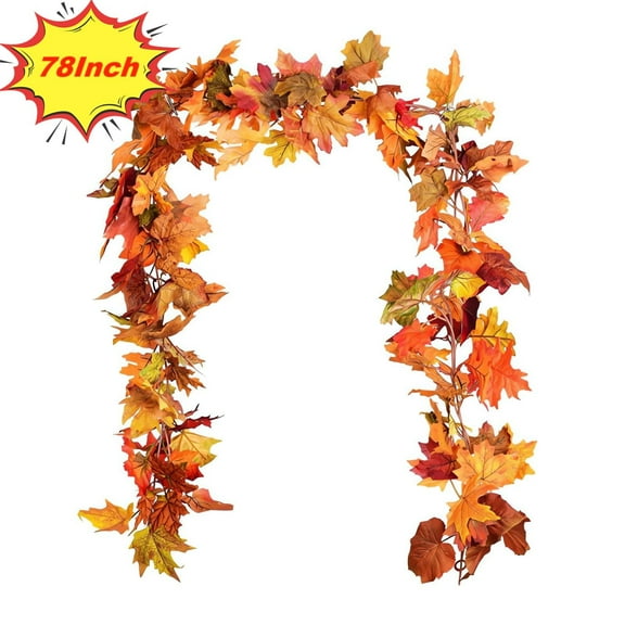 Hvmvliv Fall Garland Simulation Maple Leaf Rattan Decorations Door and Window Fall Thanksgiving Decoration Orange (78.74in)