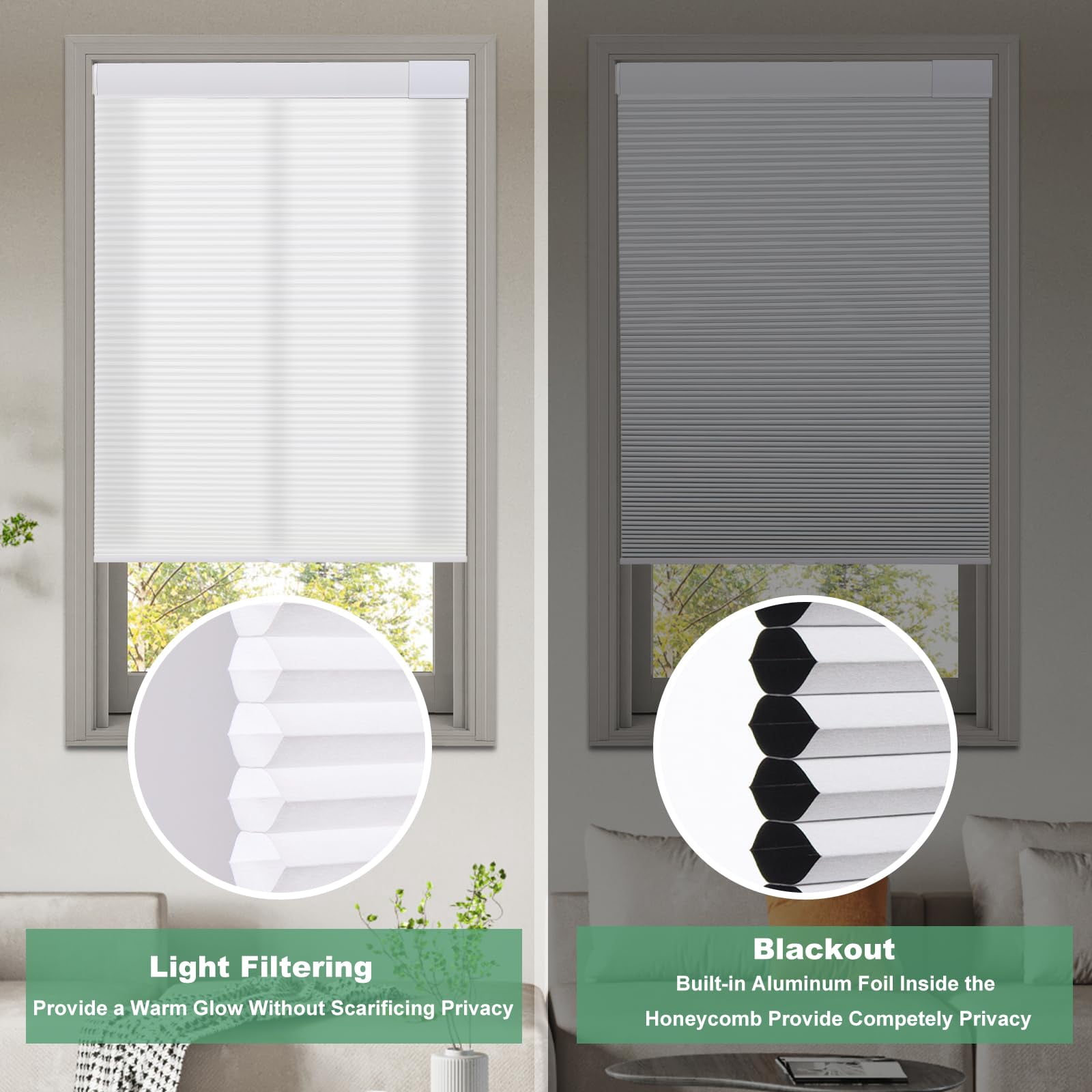 White(blackout) 34 1/2"w X 64"h Cellular Window Shades, Cordless No Drill Thermal Insulating Blinds
