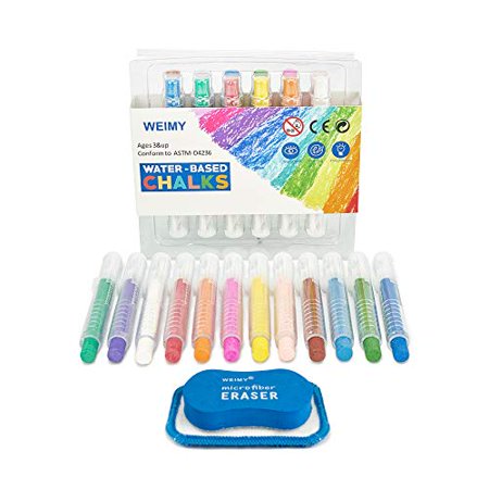 WEIMY Dustless Pushable School Chalk Non-Toxic Colored Chalk 1.0mm Tip Art Tool for Chalkboard Blackboard Kids Children Drawing Writing, 12 Pack (12colorful-microfiber) Includes Kids Chalkboard Eraser