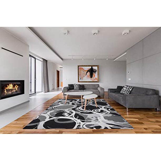 GAD Premium Indoor Contemporary Circles Area Rug (7'10"x 10'2") Black, White & Gray Geometric