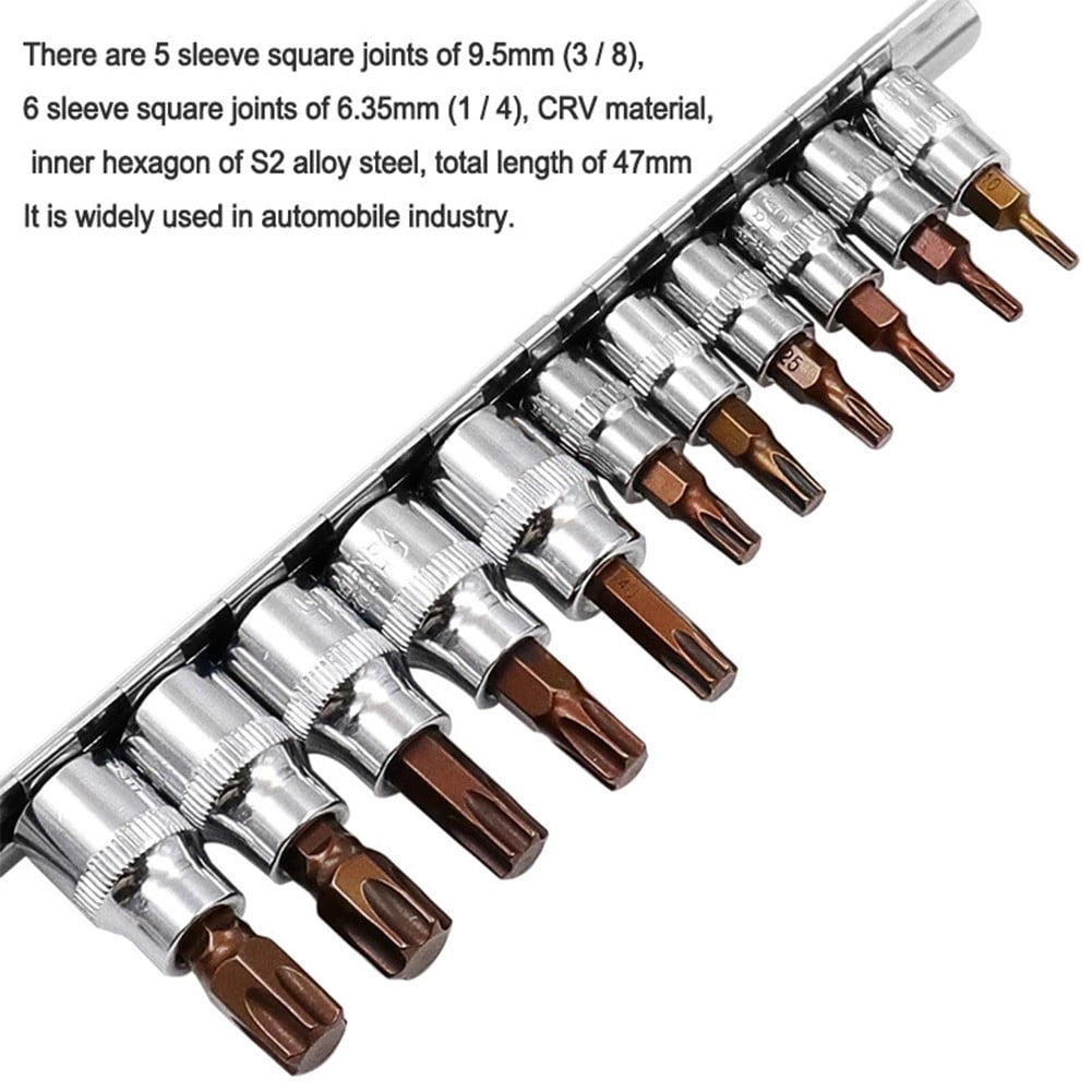 RAINB 11Pcs 3/8 1/4Inch Drive Alloy Torx Screwdriver Bits Socket Bit For T10-T60 Hand Tool Set A
