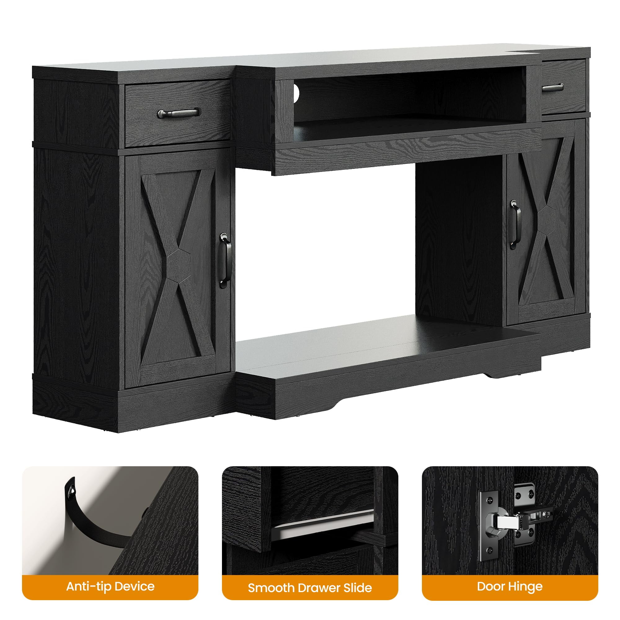 Heynemo Farmhouse TV Stand for TVs up to 75", Media Console Table with Adjustable Shelves, Double-Door Design, Black