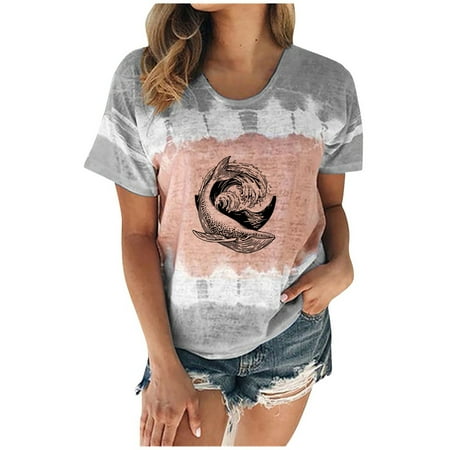 

Tops de verano para mujer Tie Dye Print T Shirt Túnica de lino y algodón Blusa de playa Loose Fit Tees T2-Gray Medium