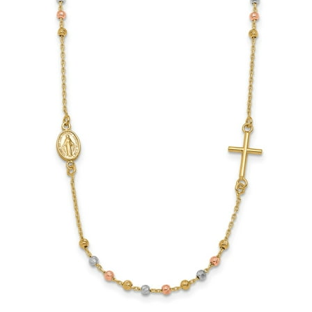 14K Tri-Tone Gold Rosaries Necklace Chain Tri-color Sideways Cross Beaded Rosary Style 18 inch
