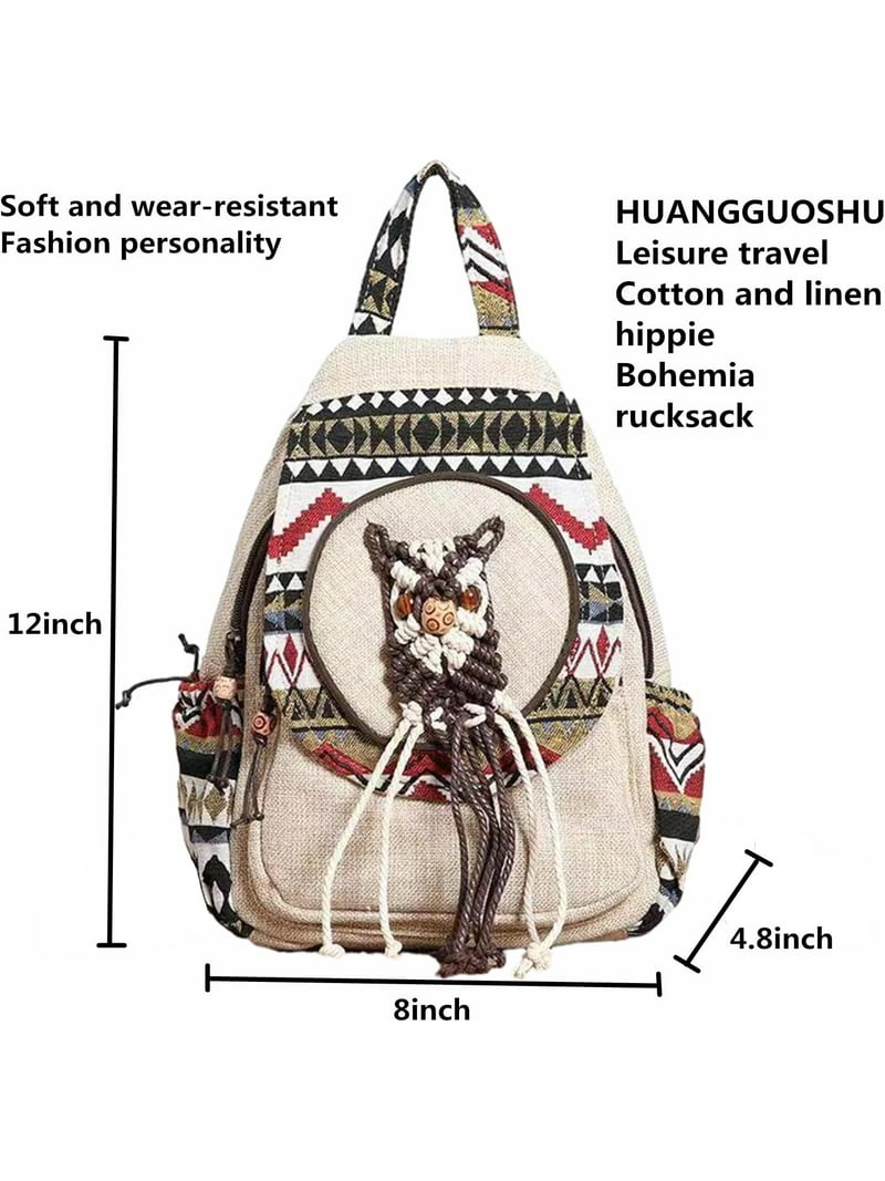 Womens Hippie Cotton Hemp Cloth Backpack Boho Vintage  display picture 3
