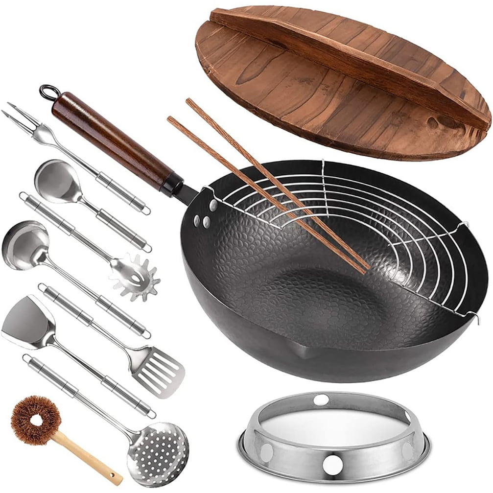 Carbon Steel Wok, 20 Pcs Wok Pan With Wooden Lid & Handle Stir Fry Pans 20