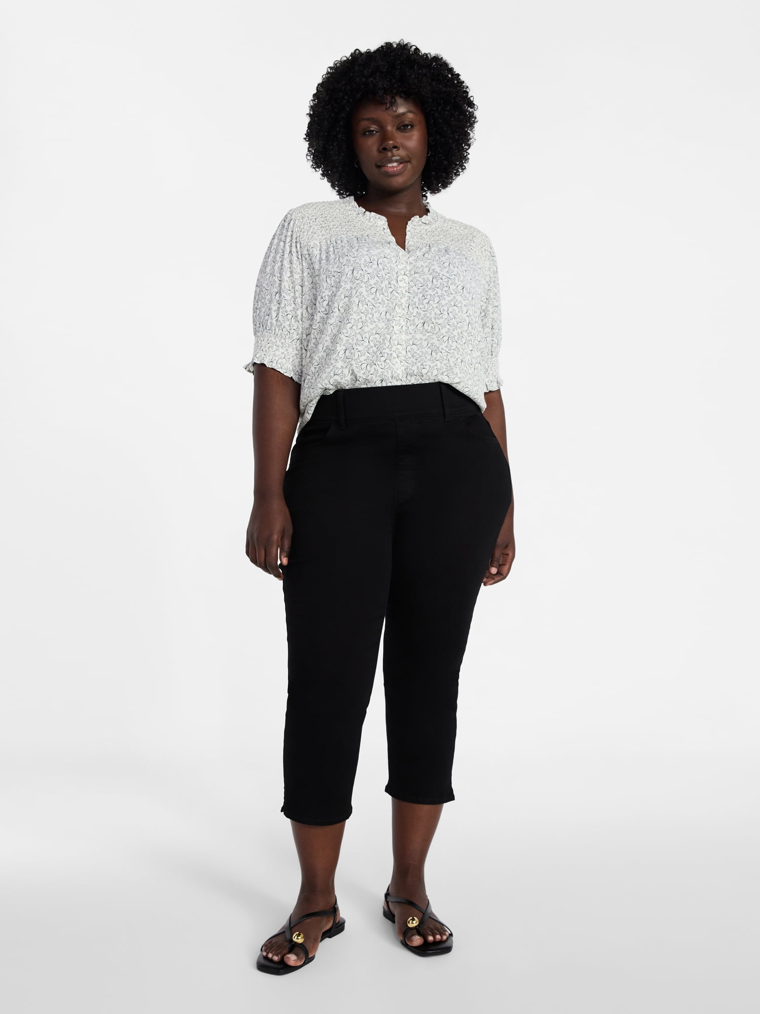 Terra & Sky Women's Plus Size Smock Yoke Top with Elbow Sleeves, Sizes 0X-5X