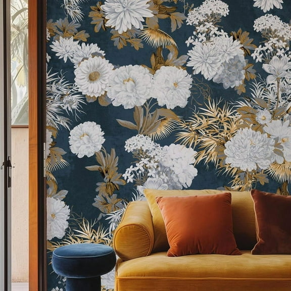 Luxury Blue and Gold Floral Wallpaper