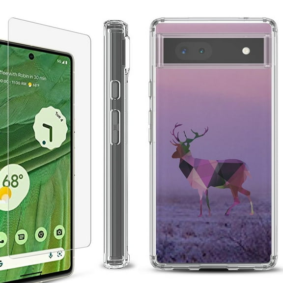 Shockproof Bumper Phone Case for Google Pixel 6a, with Tempered Glass Screen Protector, by OneToughShield ® - Deer/Polygon