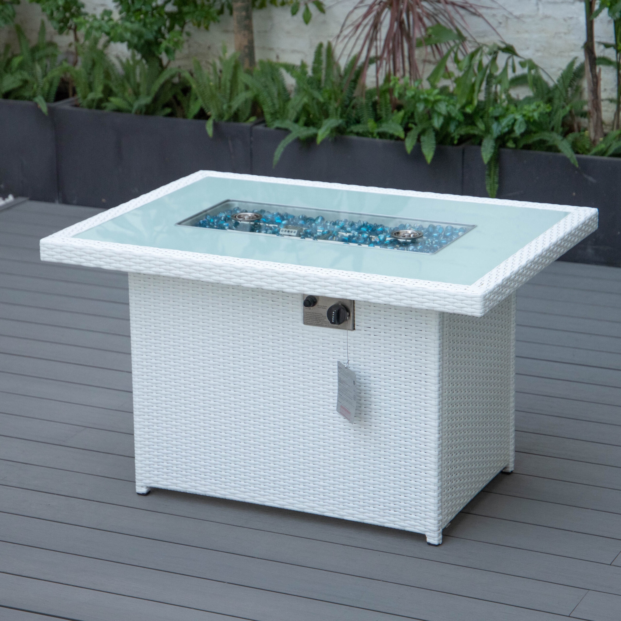 LeisureMod Wicker 55,000 BTU Fire Pit Table with Removable Lid and Tempered Glass Shield Propane Tank Storage for Modern Home, Patio, Backyard Garden Mace Collection in White