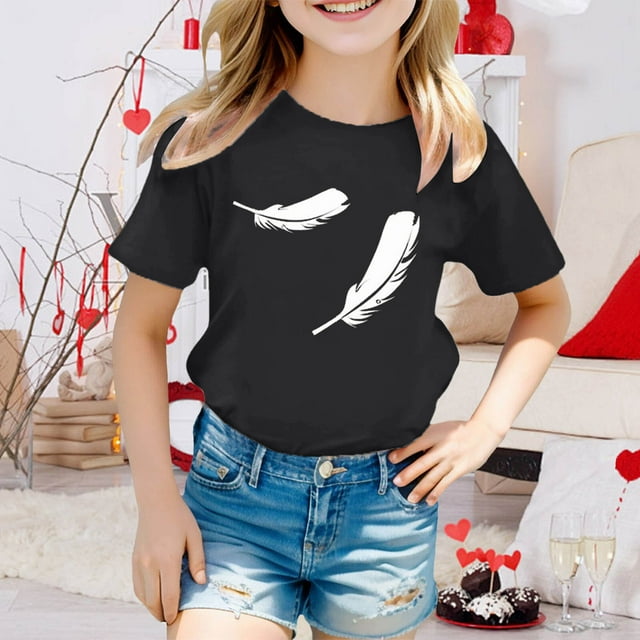 Hauts d'Été pour Filles pour Extérieur - T-Shirts Confortables à Col Rond avec Imprimés Mignons Extensibles et Respirants pour Enfants de 3 à 13 Ans