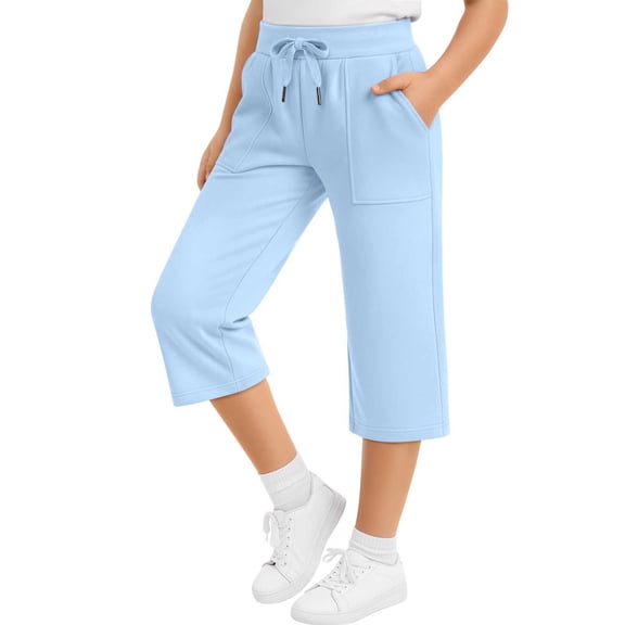Zpanxa Girl's Capris Girls Drawstring Sweat Capri Pants Loose Fit Big Side Pockets Soft French Terry Cropped Athletic Jogger Pants for Daily Outdoor
