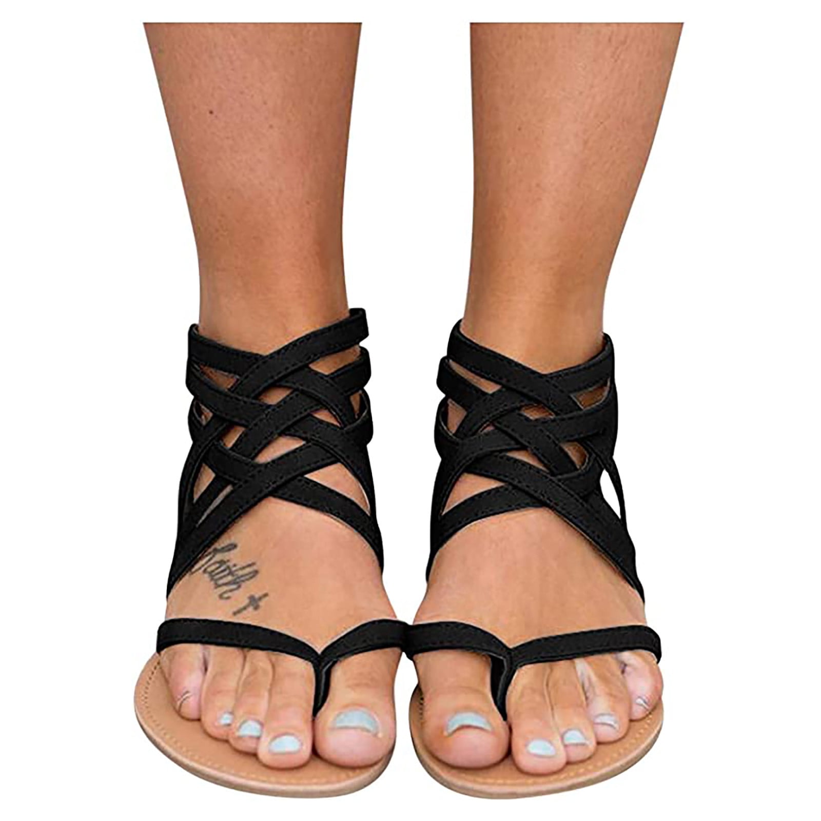 Women Ankle Cross Strap Open Toe Flat Gladiator Sandals Casual Zip Roman Shoes 