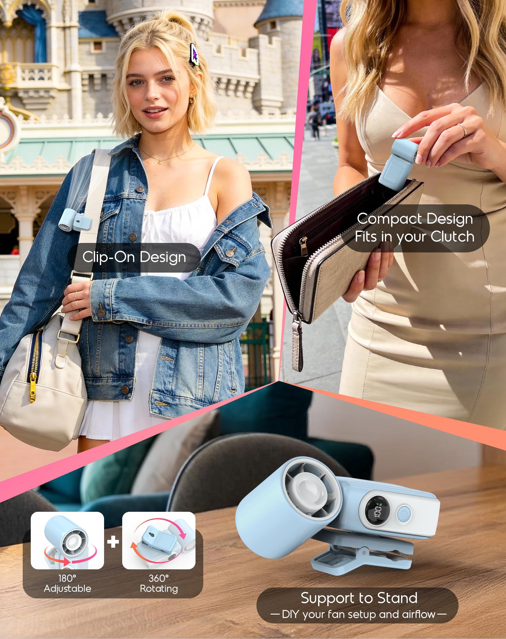 Portable Clip-On Mini Fan, Hands-Free, Turbo Personal Handheld Fans Rechargeable w/4 Wind & LED Display, Pocket Size Summer Cooling Essentials for Travel/Eye Lash/Beach/Concert, Gifts for Women(Pink)