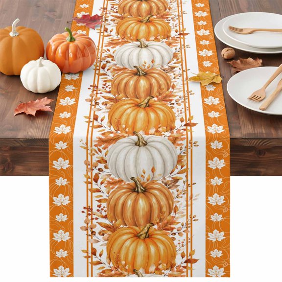 Thanksgiving Pumpkins Table Runner, Orange White Fall Maple Leaf Striped Washable Cotton-linen Table Runners Dining Kitchen Decoration for Everyday Home Wedding Party Decor, 13 x 36 Inch