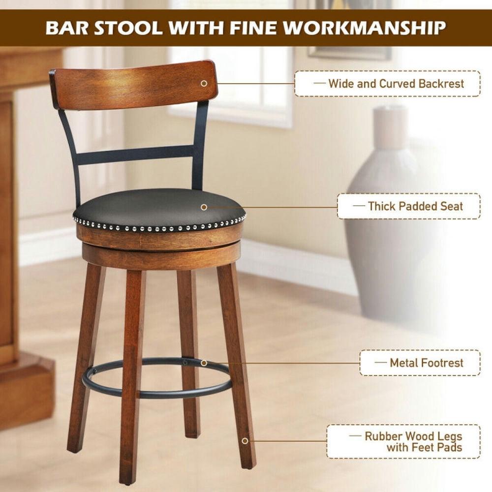 Demi Bonn 25.5" 360-Degree Bar Swivel Stools with Leather Padded, Wood Dining Chair with Backrests, Brown