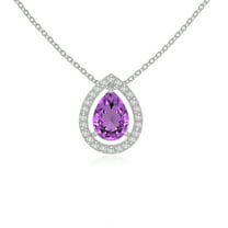 Natural Amethyst with Moissanite Solitaire Halo Pear Pendant Necklaces for Women in Sterling Silver,February Birthstone Jewelry Gift Her Birthday,Wedding Anniversary, Mothers Day,Christmas,Valentines