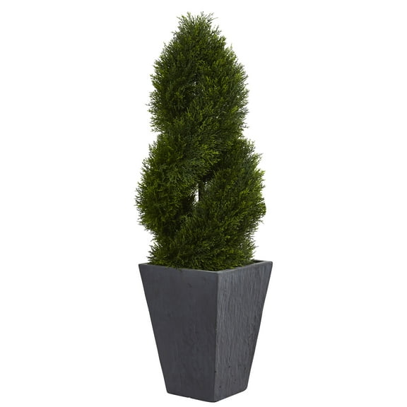 Nearly Natural 4' Cypress Double Spiral Topiary Artificial Tree in Slate Planter UV Resistant, Green