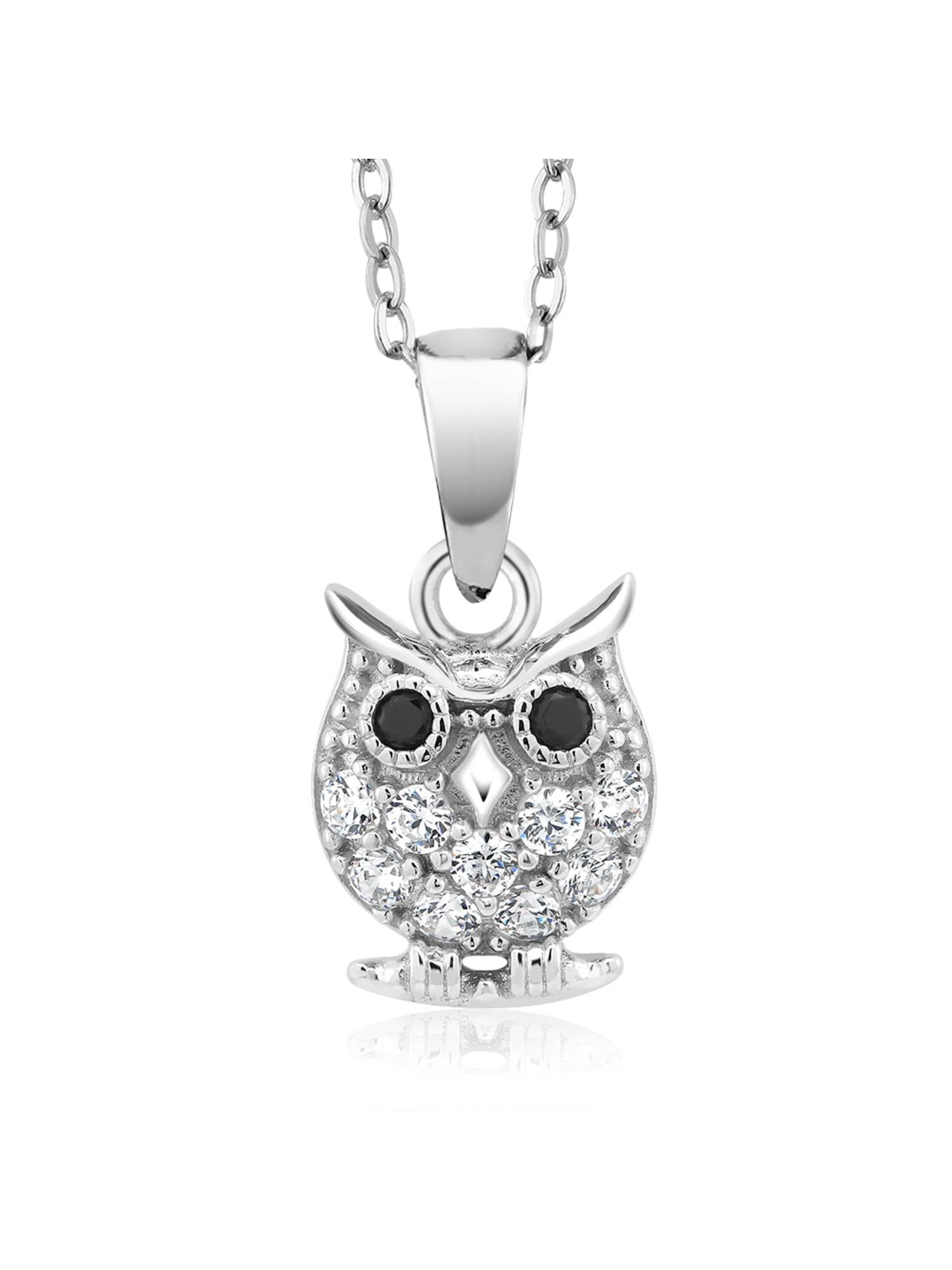 Sterling Silver Black Diamond Owl Bird Pendant Necklace With 18" Chain 925 