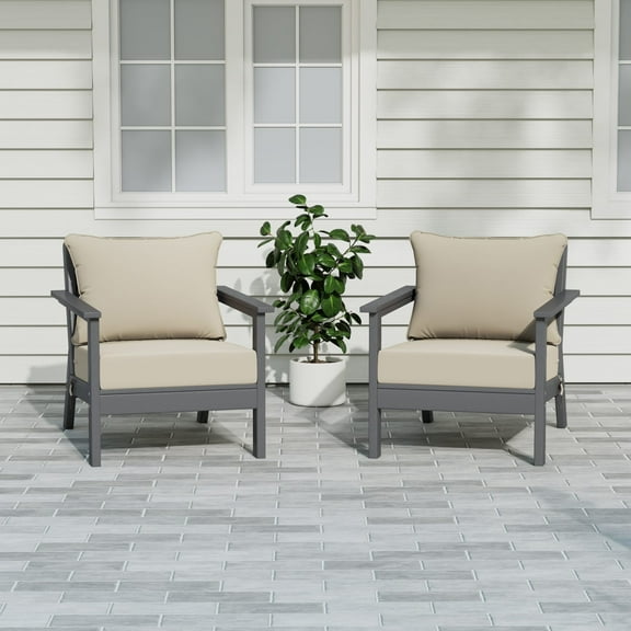 WestinTrends Avalon Outdoor Modern HDPE Patio Club Chairs with Deep Seat Cushions (Set of 2), Gray/Beige