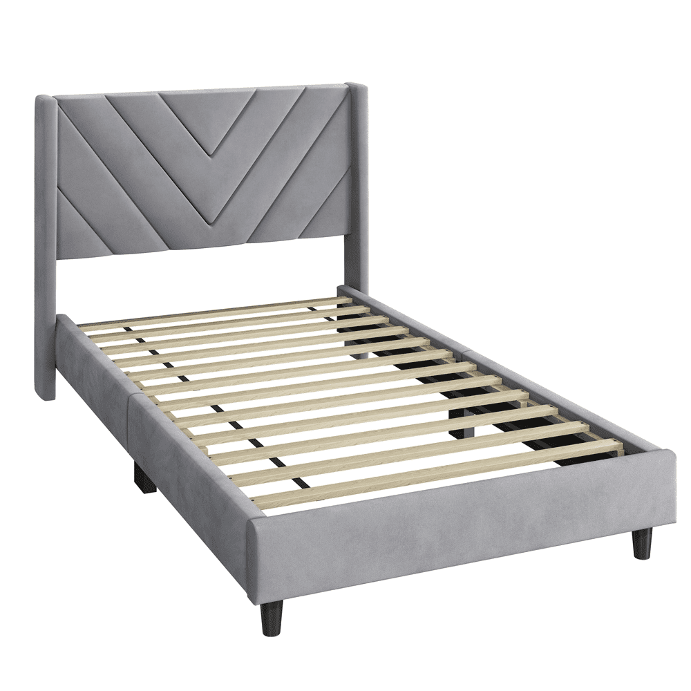 Renwick Twin Size Upholstered Platform Bed with Wooden Slat Support and Tufted Headboard, Light Gray