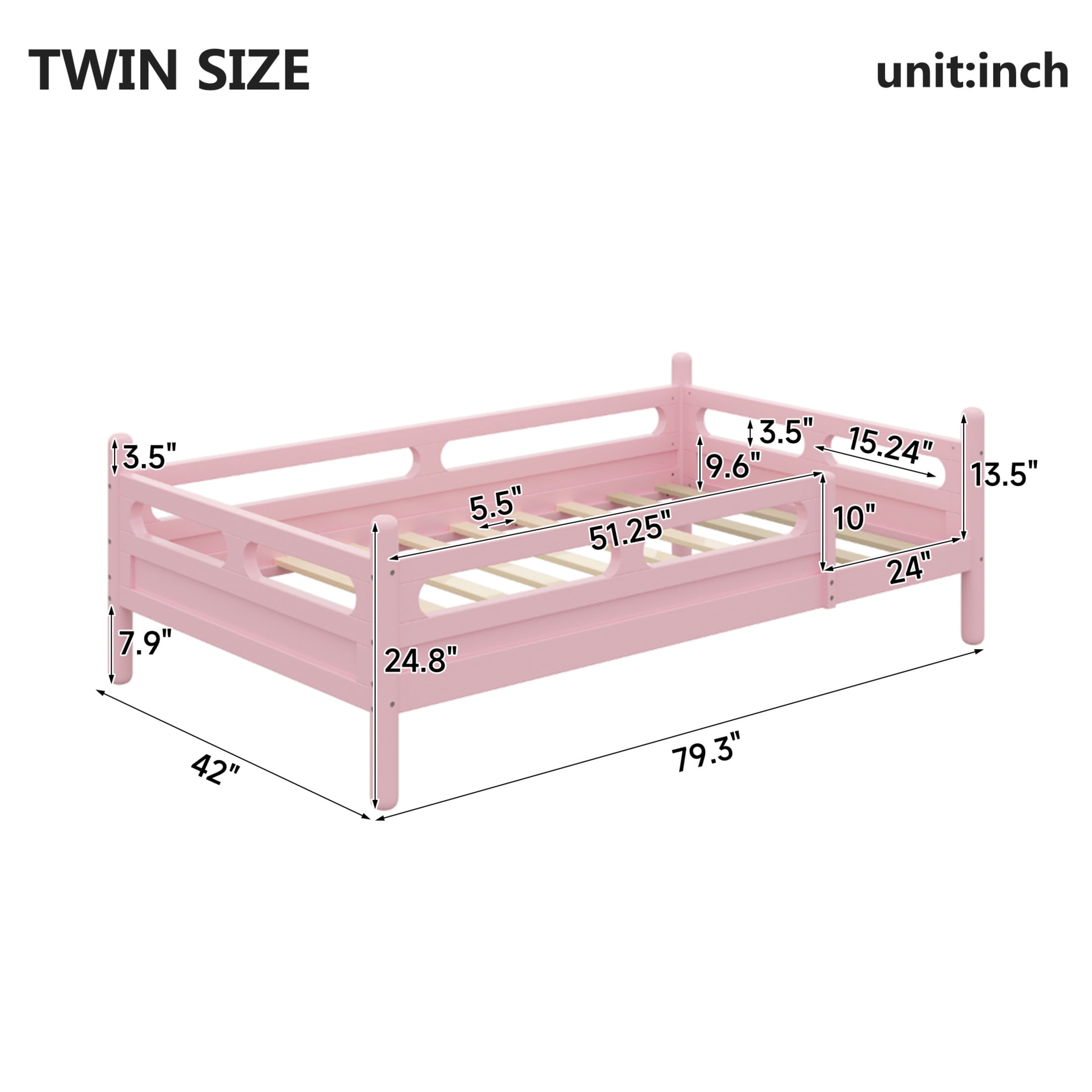 Noble House Twin Size Kids Bed Frame with Safety Rails, Low Profile Design & Slat Support, Pink