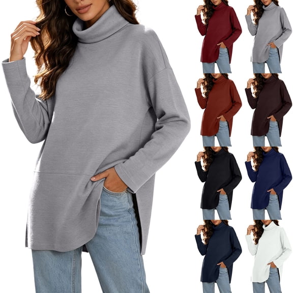 Vynhevius Women Plus Size Tunic Top Solid Turtleneck Long Sleeve Side Slit Casual Loose Blouse