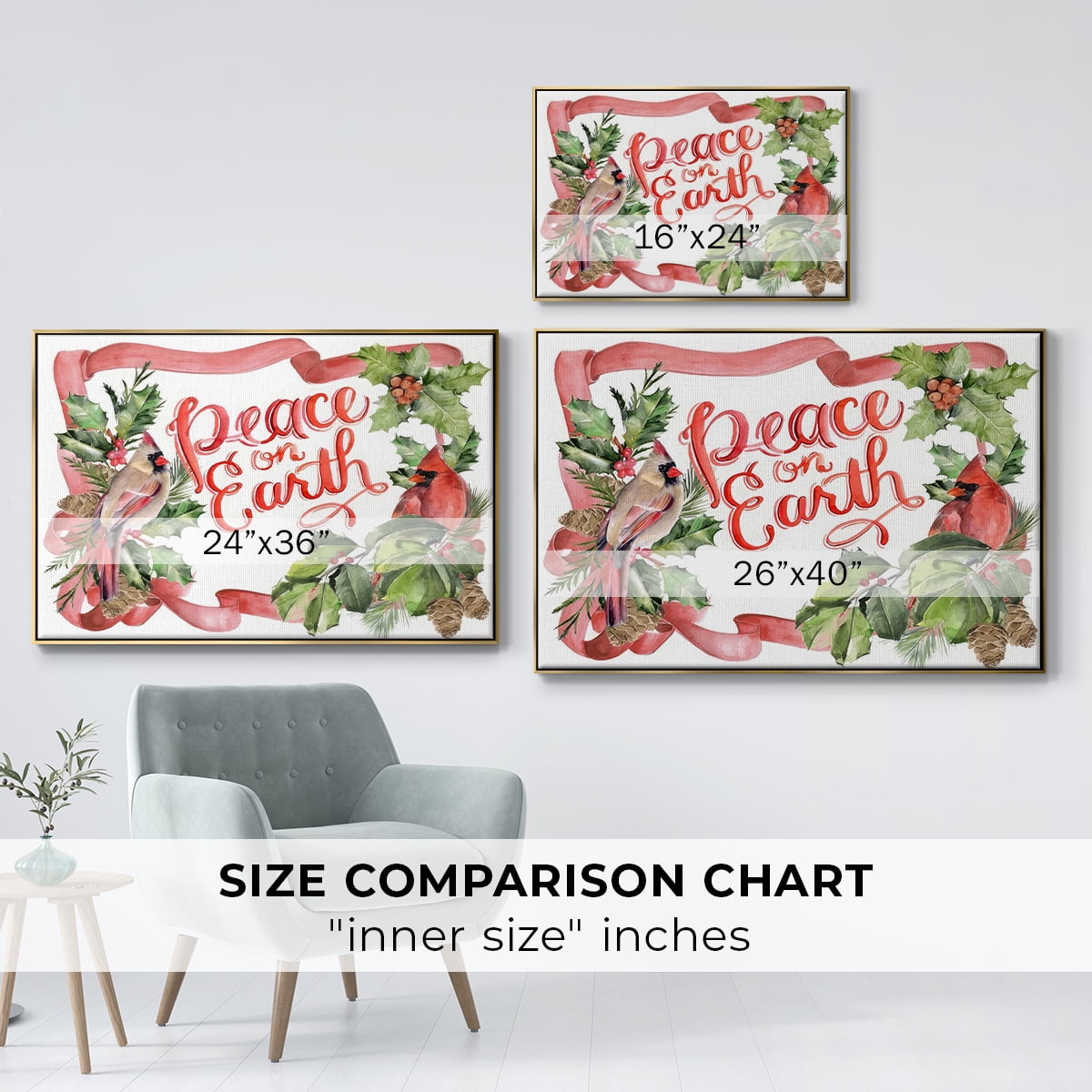 Cardinal Holly Christmas Collection A - Framed Gallery Wrapped Holiday Canvas - 17 x 25 - Gold Frame