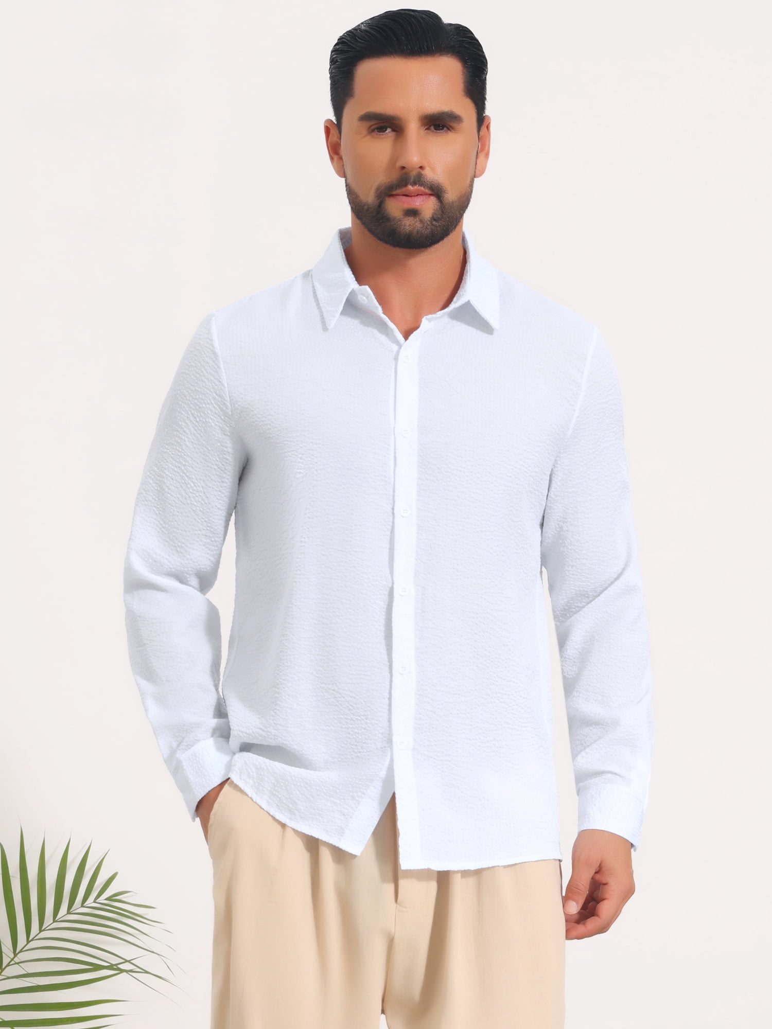 DARING DIVA Men's Seersucker Long Sleeve Button Down Textured Striped Shirts M White