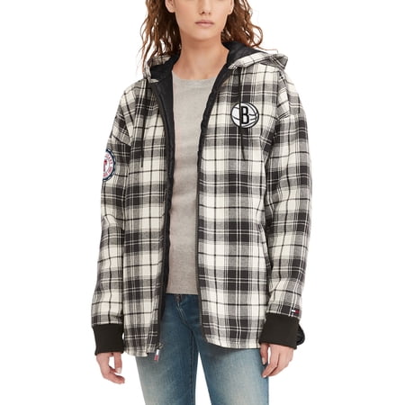Women s Tommy Jeans Black/Cream Brooklyn Nets Molly Flannel Full-Zip Hoodie